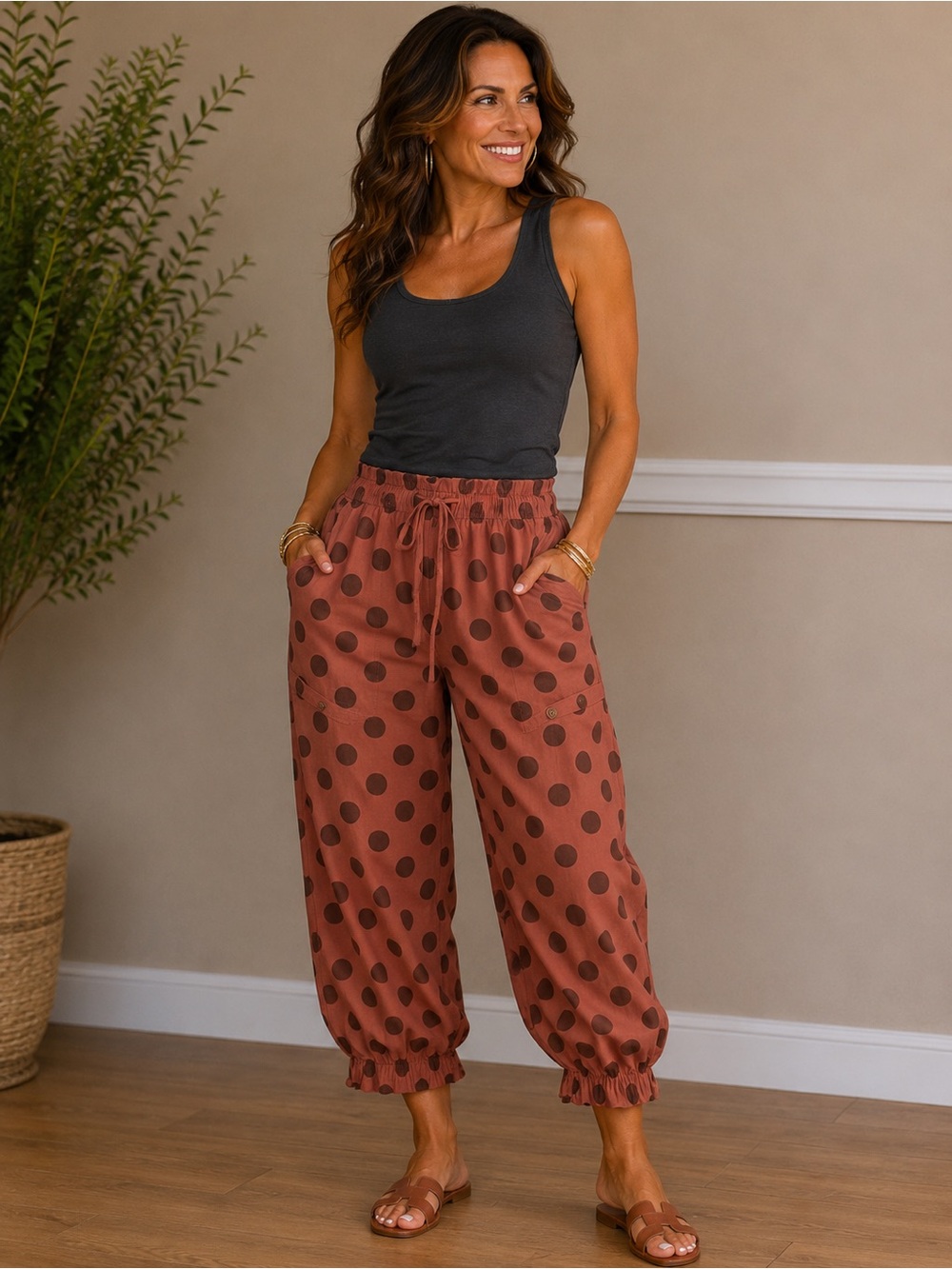 Polka Dot Drawstring Parachute Pants - Dusty Rose/ Charcoal